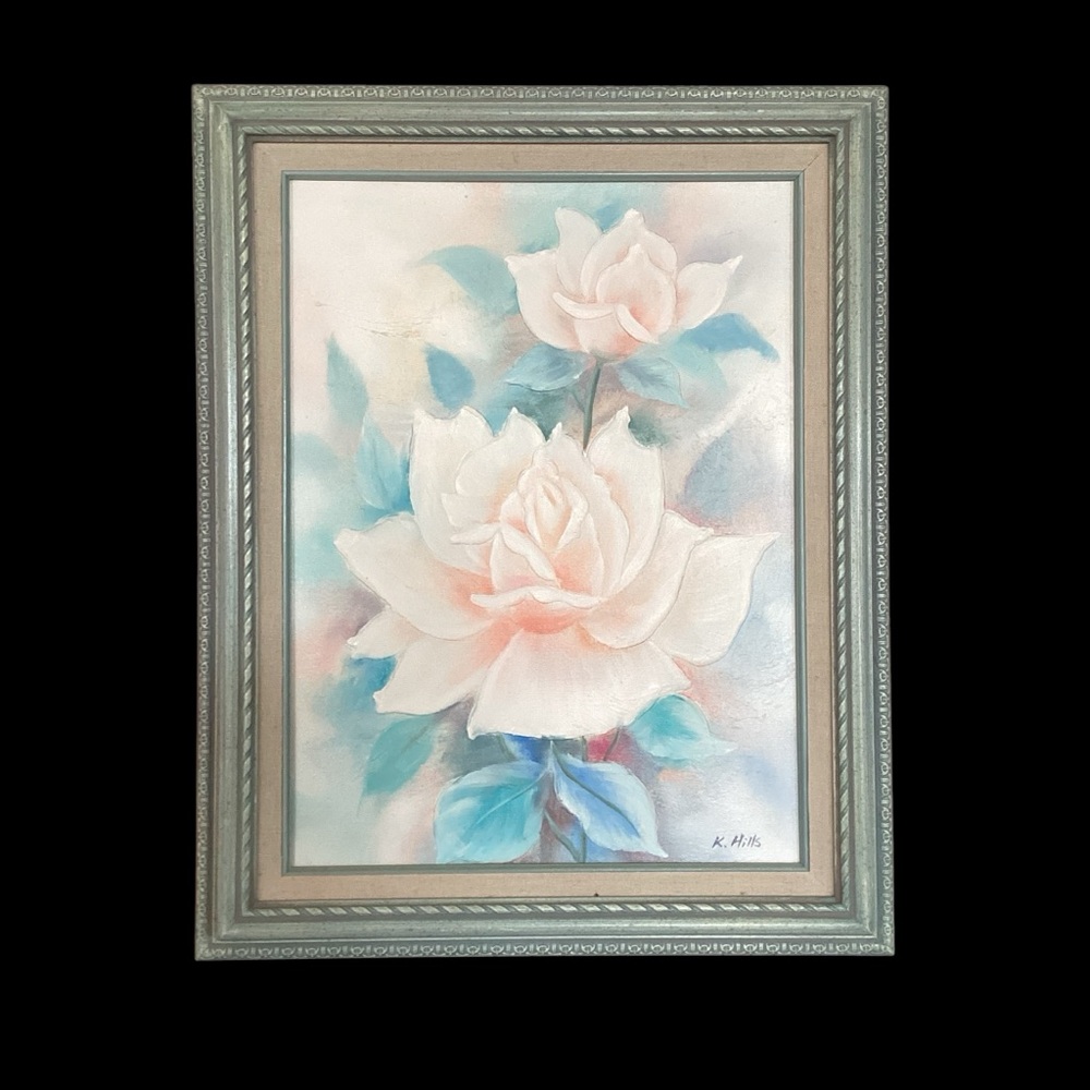 Vintage 70’s Pastel Floral Oil Painting Framed Signed Hills